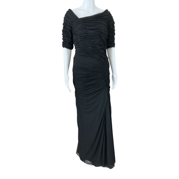 Tadashi Shoji Black Asymmetric Ruched Sleeve Gown sz M Glam Mermaid Column Event - Picture 2 of 13